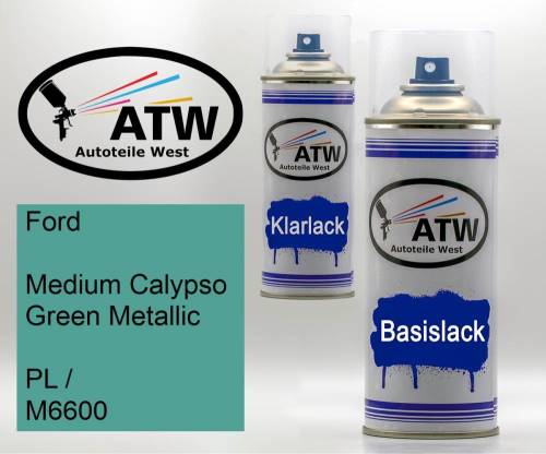 Ford, Medium Calypso Green Metallic, PL / M6600: 400ml Sprühdose + 400ml Klarlack - Set, von ATW Autoteile West.